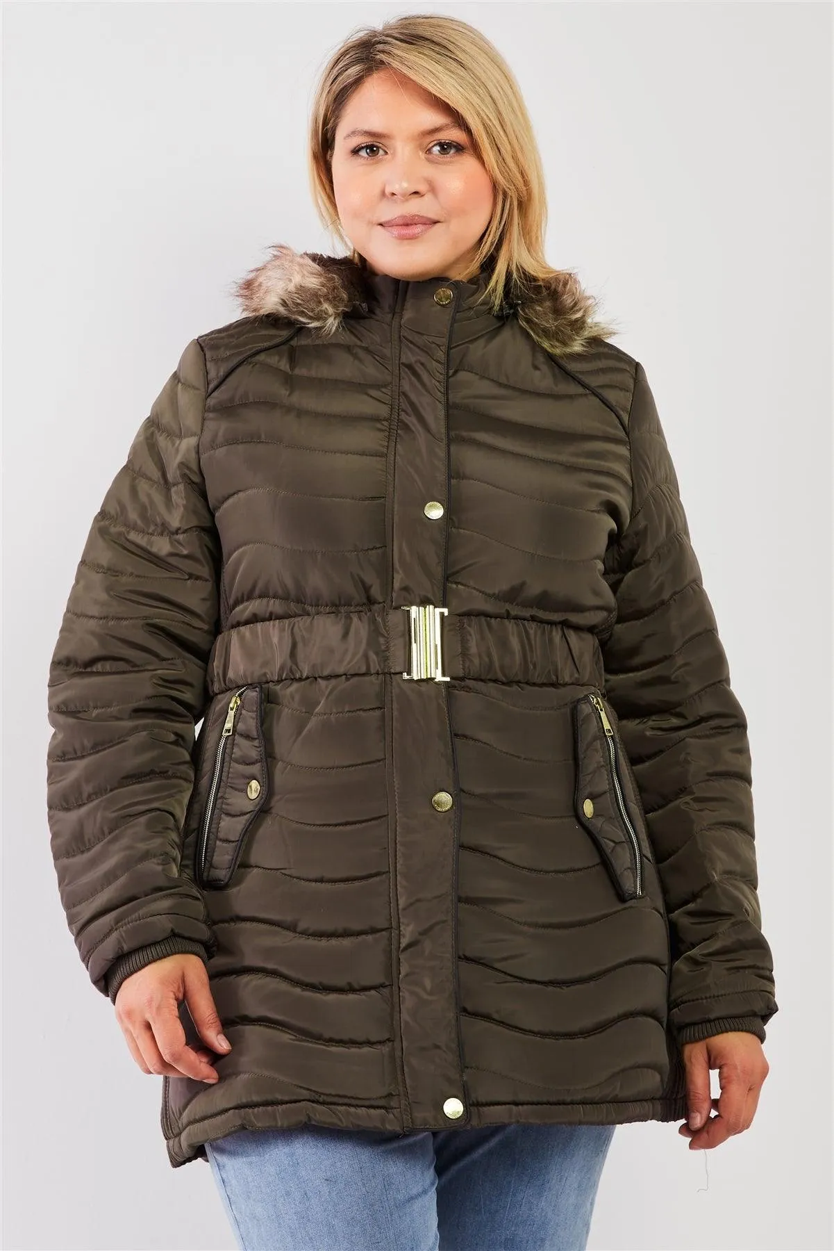 Junior Plus Olive Wavy Quilt Padded Faux Fur Detachable Hood Belted Long Puffer Jacket /1-1-1-2